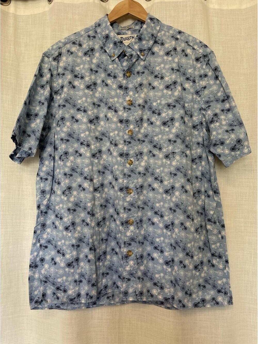 Duluth Untucked Relaxed Fit Blue Bicycle Short Sleeve Mens Button down L Tall